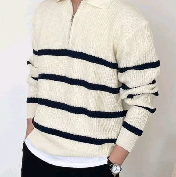 Men Striped Pattern Polo Neck Fall Sweater Without Tee - Picture 6 of 7